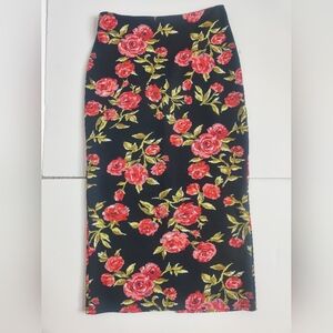 Made For Impulse Black & Red Rose Print Floral Calf-length Pencil Skirt_Small